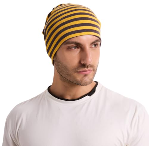 ZLYC Cotton Thin Slouchy Beanie Hat for Men Women Stretch Skull Cap - color: Striped Brown and Yellow, size: One Size