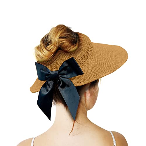 Straw Sun Visor for Women, Wide Brim UPF 50+ Protection Beach Hat, Adjustable, Roll Up Foldable Ponytail Cap with Chin Strap - color: A Mustard