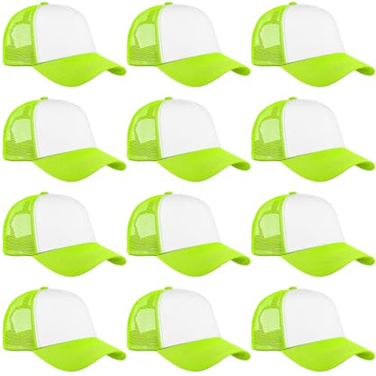 Falari 12 Pack Bulk Wholesale Mesh Trucker Hats 5 Panel and 6 Panel Baseball Caps for Men and Women - color: 5 Panel - Neon Green