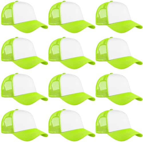 Falari 12 Pack Bulk Wholesale Mesh Trucker Hats 5 Panel and 6 Panel Baseball Caps for Men and Women - color: 5 Panel - Neon Green