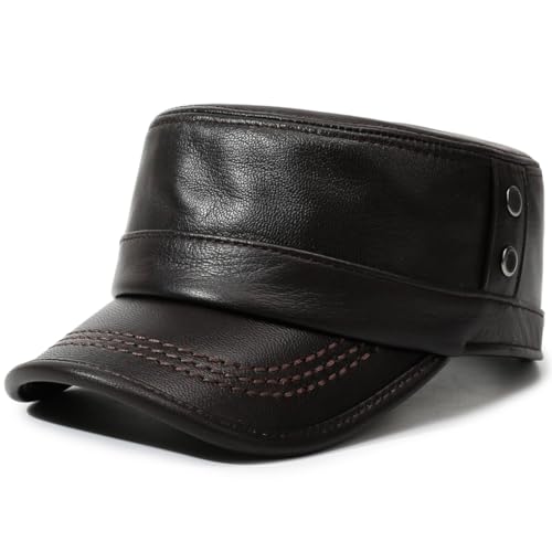 Leather Military Cap for Men Cadet Army Caps Style Flat Cap - color: Brown