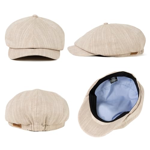XL XXL Oversized 8 Panel Natural Linen Flat Cap Newsboy Hat Lightweight Summer Cooling Golf Outdoor Eco-Friendly - color: Beige Herringbone(elastic), size: Medium-Large