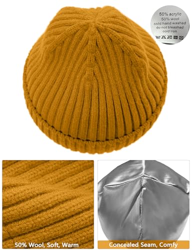 Satin Lined Wool Acrylic Blend Beanie Hat Women Men, Winter Knit Cap - color: Yellow