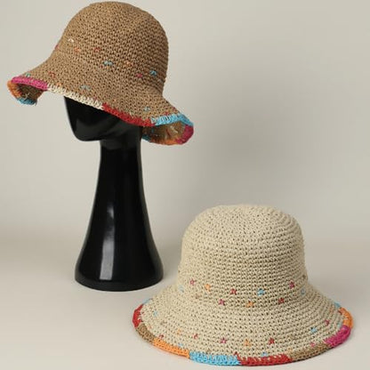 Women Straw Sun Hat Summer Beach Hats Foldable Floppy Cap Wide Brim Bucket Hat Solid Handmade Sun Protection Caps - color: Colorful-beige