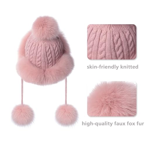 Winter Hats Cute Kint Hat Russian Fur Crochet Hat Slouchy Beanies with Pompom Warm Fuzzy Snow Cap Trapper Hat for Women - color: Dark Pink