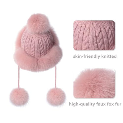 Winter Hats Cute Kint Hat Russian Fur Crochet Hat Slouchy Beanies with Pompom Warm Fuzzy Snow Cap Trapper Hat for Women - color: Dark Pink