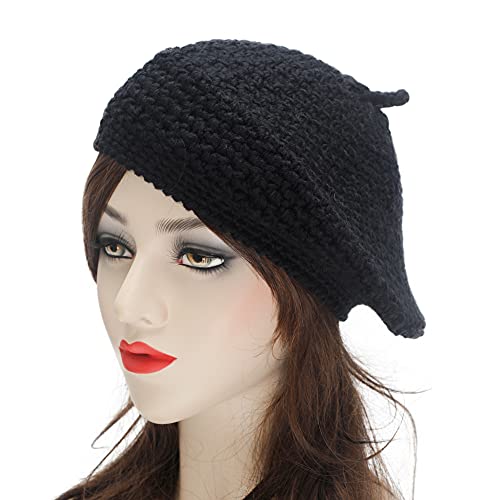 ZLYC Women French Beret Hat Winter Knitted Stretchable Beret Artist Cap - color: Solid Black