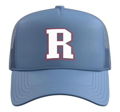Initial R Monogram R Letter R Capital Alphabet Trucker Hat with Adjustable Mesh Back - color: Light Blue