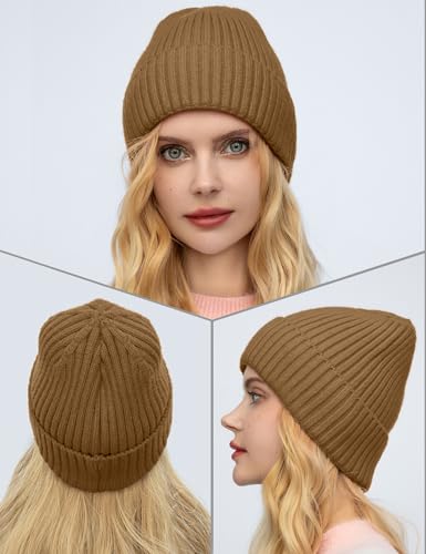Satin Lined Wool Acrylic Blend Beanie Hat Women Men, Winter Knit Cap - color: Light Coffee