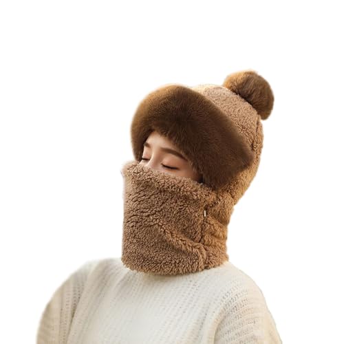 One-Piece Hat Womens Winter Warm Elastic Soft Ear Protection Knitted Scarf Mask Hat Fleece Lined Beanie Hat - color: H-brown