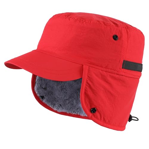 Connectyle Men's Winter Hat with Visor Warm Earflaps Hat Fully Lined Faux Fur Baseball Cap Trapper Hunting Hats - color: Red