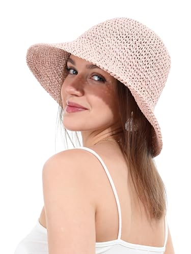 sy soul young Women's Straw Sunhat Wide Brim Hand Woven Beach Bucket Hat - color: Pink