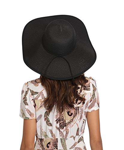 Lanzom Womens Wide Brim Straw Hat Big Floppy Foldable Roll up Cap Beach Sun Hat UPF 50+ - color: Twine-black