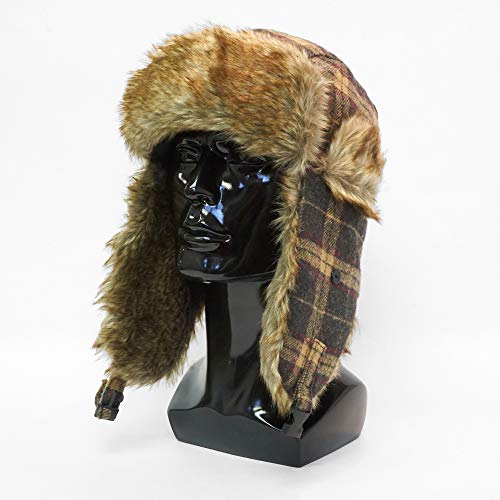 IgloosBuilt Men’s Wool Blend Trapper Hat with Faux Fur Ear Flap, Ushanka Winter Hat for Hunting, Fishing, Hiking, Camping - color: Brown Plaid, size: Medium-Large