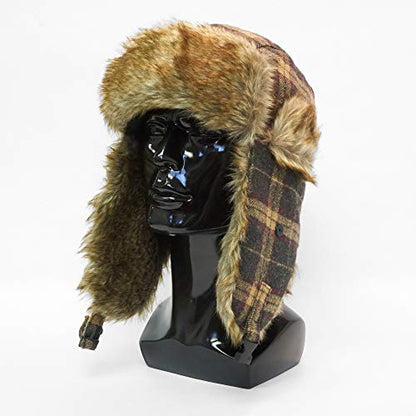IgloosBuilt Men’s Wool Blend Trapper Hat with Faux Fur Ear Flap, Ushanka Winter Hat for Hunting, Fishing, Hiking, Camping - color: Brown Plaid, size: Medium-Large