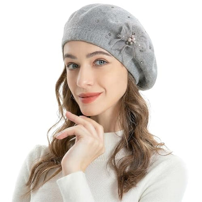 ZLYC Women French Beret Hat Reversible Solid Color Mosaic Warm Artist Cap - color: Bead Flower Gray