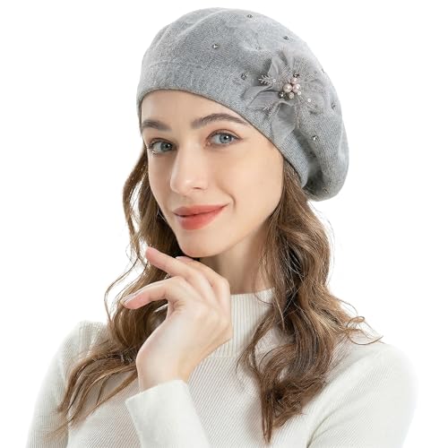 ZLYC Women French Beret Hat Reversible Solid Color Mosaic Warm Artist Cap - color: Bead Flower Gray