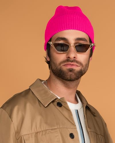 KBETHOS Made in USA Classic Men's Women's Cuffed Folded Acrylic Knit Beanie Hat Solid Unisex Cold - color: 5. Hot Pink Solid Long Beanie