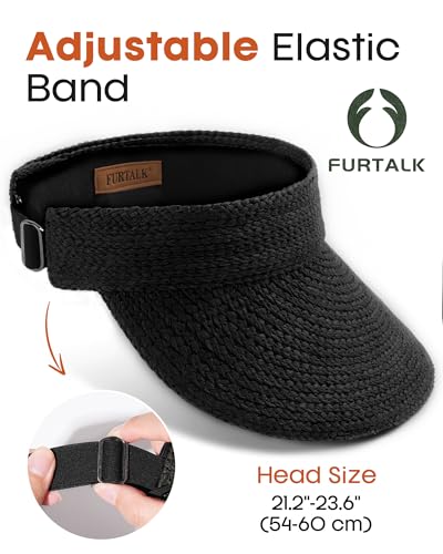 FURTALK Sun Visors for Women Straw Summer Hat Packable Wide Brim Beach Cap - color: Black