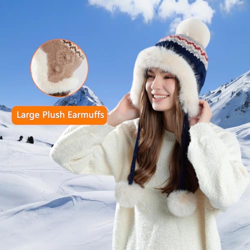 Women Winter Sherpa Beanie Hats Knit Ear Flap Hat Fleece Lined - color: Patterned Navy