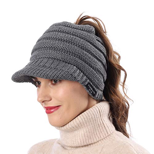 Women's BeanieTail Warm Knit Hat Messy High Bun Ponytail Visor Beanie Cap - color: B324-grey, size: Medium