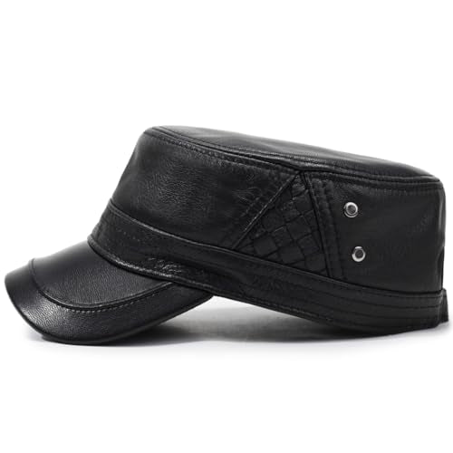Men's Leather Military Style Hat Cadet Army Caps Flat Top Cap - color: Black