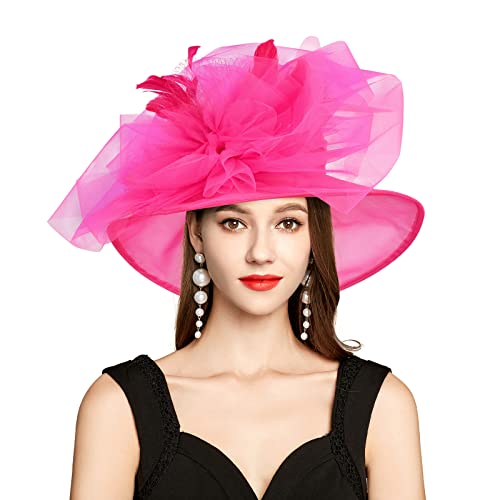 2026 Derby Hat, Classy Sun Hats for Women Ladies, Organza Feather Kentucky Fascinator for Tea Party Church UV Protection - color: I3120-rose-red