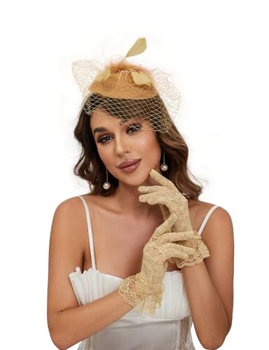 20s 50s Pillbox Derby Fascinator Hat Veil Feather Fascinators Hair Clip Wedding Tea Party Hat and Short Lace Gloves for Women - color: Brown