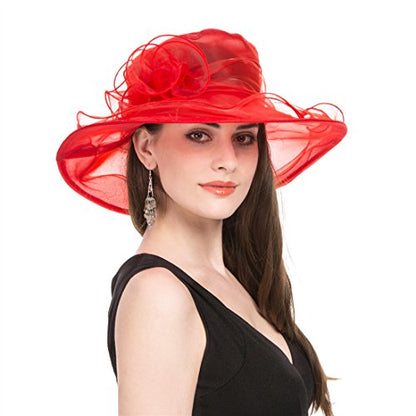 SAFERIN Women's Organza Church Fascinator Bridal Tea Party Wedding Hat - color: Sfhat-001-red