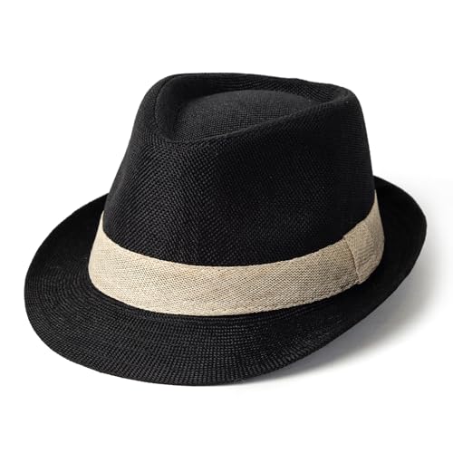 Lisianthus Mens Short Brim Summer Panama Fedora Trilby Sun Hat - color: Black With Beige Band