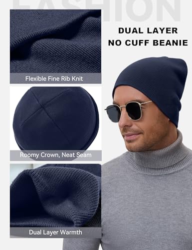 ROYBENS 100% Cotton No Cuff Beanie Hat Men Women, Fisherman Skull Cap - color: Navy Blue
