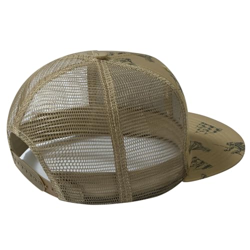 BASSDASH Flat Brim Trucker Cap Adjustable Snapback Hat Mesh Back for Men Women - color: Khaki Camping