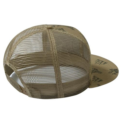 BASSDASH Flat Brim Trucker Cap Adjustable Snapback Hat Mesh Back for Men Women - color: Khaki Camping