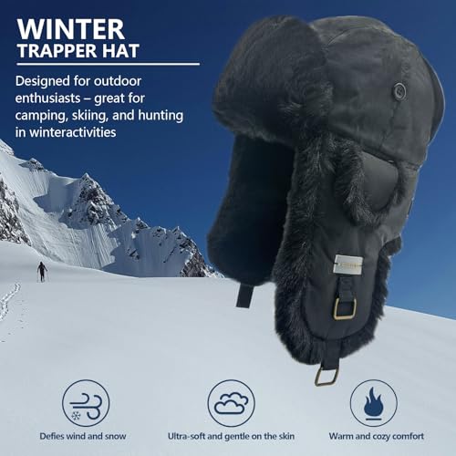 Winter Trapper Hat for Men and Women,Russian Ushanka Aviator Warm Cold Proof Ski Hunting Cycling Winter Hats - color: Black, size: Small-Medium