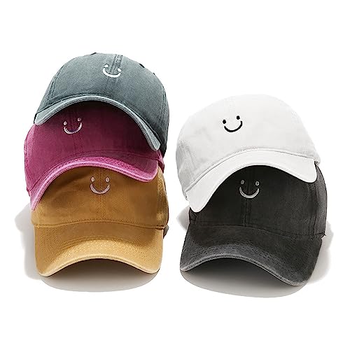 Smile Face Baseball Cap, Vintage Distressed Cotton Dad Hat for Women Men - color: Retro White