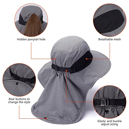 BASSDASH UPF 50+ Unisex Water Resistant Wide Brim Sun Hat with Large Neck Flap Ponytail Fishing Hat for Men Women - color: Light Grey