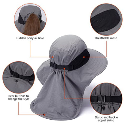 BASSDASH UPF 50+ Unisex Water Resistant Wide Brim Sun Hat with Large Neck Flap Ponytail Fishing Hat for Men Women - color: Light Grey