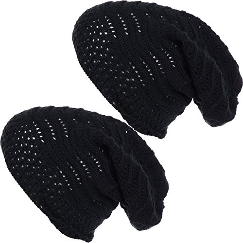 BYOS Women's Airy Cool Lightweight Cutout Long Slouchy Crochet Knit Beanie Hat - color: 2 Pack-wavy Line Black & Bk