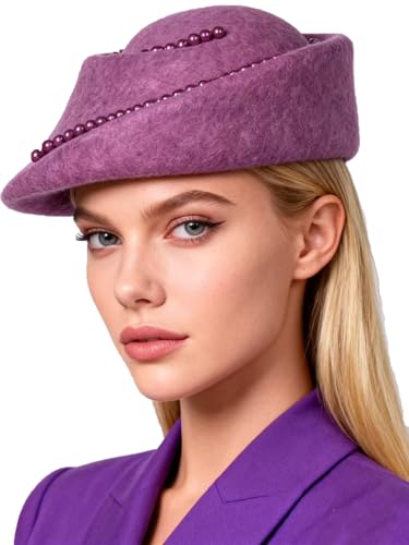 Small Top Hats for Women Elegant Winter Vintage Beret Wool Felt Fedoras Ladies Luxury Wedding and Church Cap Female - color: Purple 2