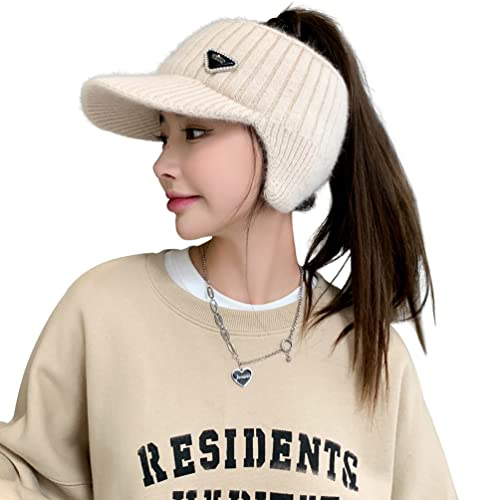 Open Beanie with Earflaps Visor Brim Bun Ponytail Winter Golf Tennis Hats Women - color: Beige