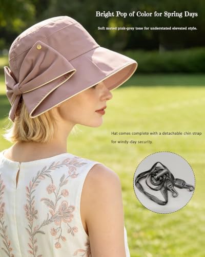 Women's Foldable Wide Brim Bowknot Bucket Hat Sun Protective - color: Dusty Rose