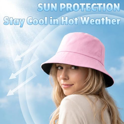 Bucket Hat for Women Men, Summer Sun Hats Foldable Reversible Fishing Hat Beach Hats for Outdoor Hiking Travel - color: Pink/Black