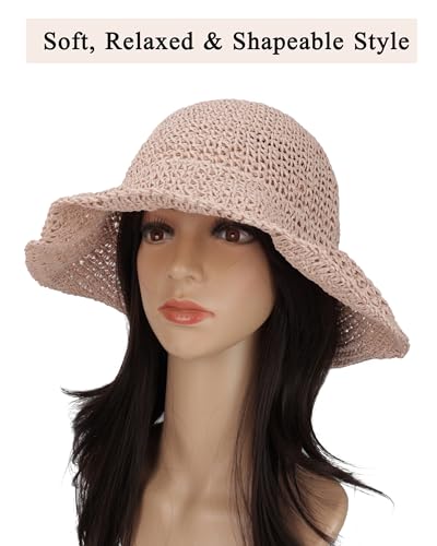 Womens Crochet Straw Sun Hat Foldable Floppy Wide Brim Beach Hat for Summer - color: Pink