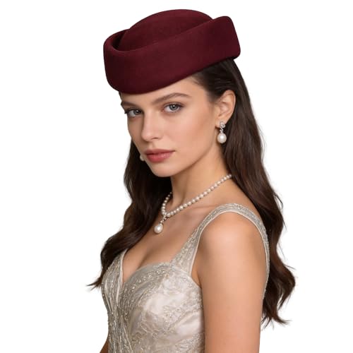 Wool Felt Pill Box Hats for Women Vintage 60s Fascinators Church Hats Cocktail Stewardess Derby Hats with Comb - color: Wine Red