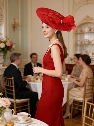 dressfan Wide Brim Fascinator Hats for Women,20s Linen Rhinestones Bow Big Hat for Derby Church Wedding Tea Party - color: Red