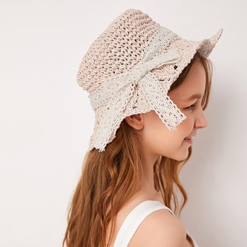 Girls Straw Hat with Flower Round Sunglasses, Summer Foldable Large Brim Sunflower Bowknot Beach Toddler Straw Sun Hat, 2-6T - color: Beige-bow