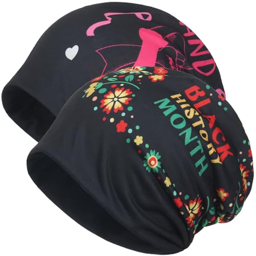 Jemis Sweet Heartwarming Breast Cancer Beanie Hat, Romantic Knitted Hat, Cancer Headwear Caps Baggy Skull Sleep Scarf - color: 2 Pack Red Black & Black