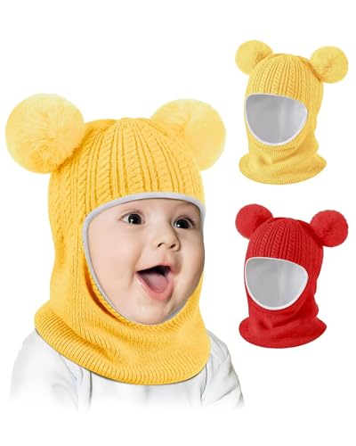 Baby Winter Hat Scarf Set 2 Pack, Toddler Beanie Hats Girl Boy with Neck Warmer, Beanie for Kids Knit Warm for Cold Weather - color: Yellow&red, size: 6-36 Months