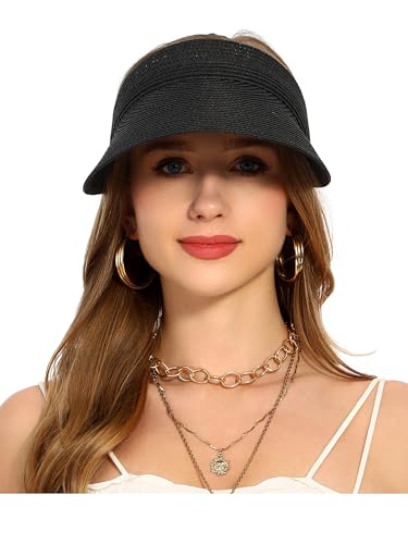 sy soul young Women's Beach Straw Hat with Ponytail Hole Packable Sunhat - color: Black