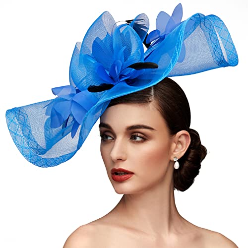 Fascinators Hats for Women Mesh Floral Feather Fascinator Headband for Wedding Cocktail Tea Party or Special Occasion - color: Blue